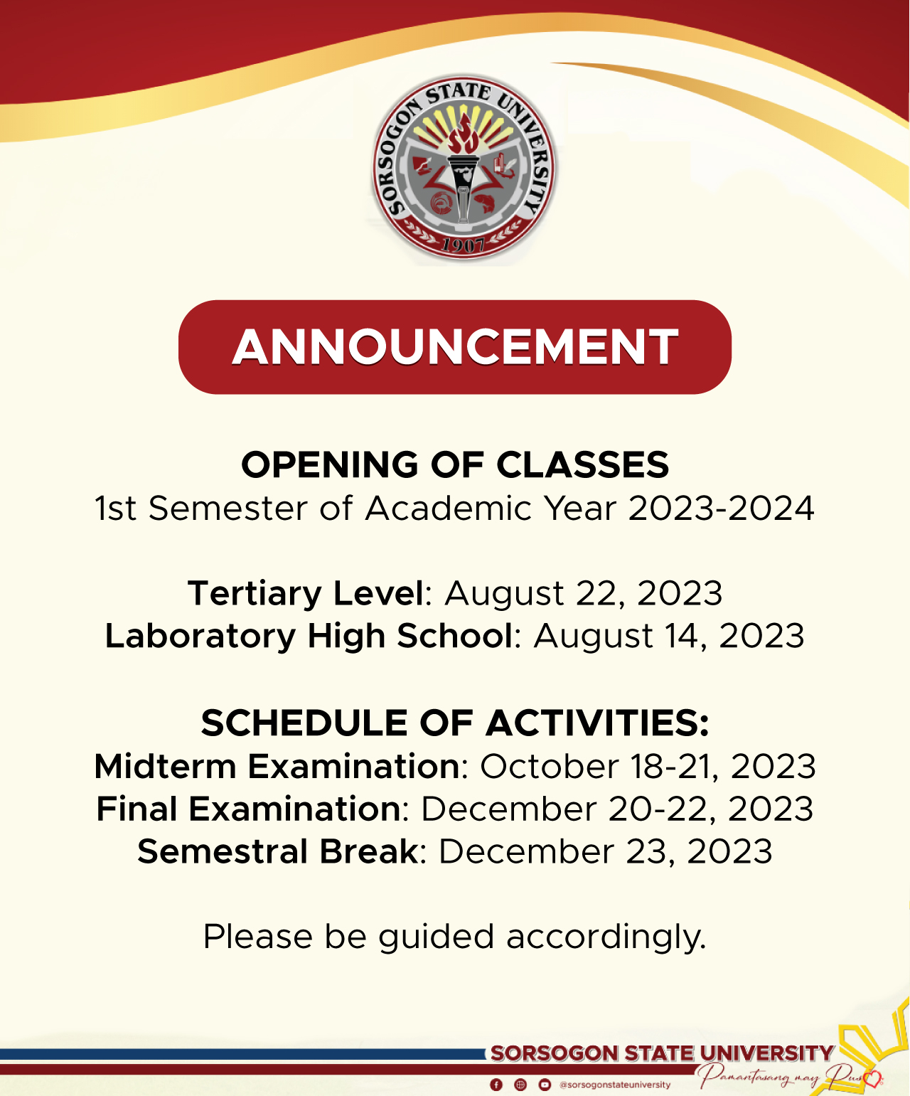 ANNOUNCEMENT Opening of Classes for 1st Semester of AY 20232024